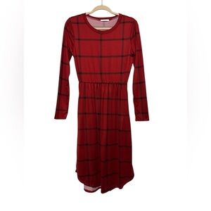 Reborn J Red Black Plaid Modest Jersey Knit Midi‎ Dress Small Christmas Hokuday